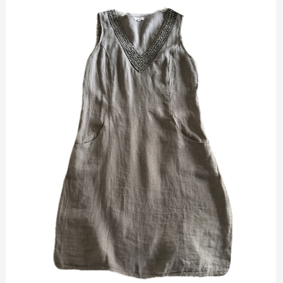 Lina Tomei Dresses & Skirts - Sleeveless Embellished V-Neck Linen Dress Grey